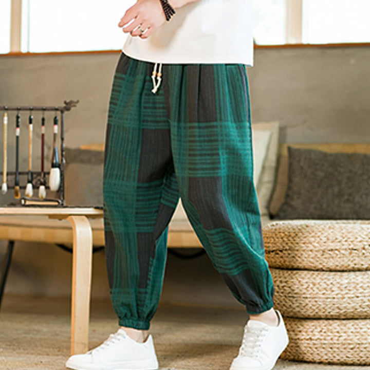 Buddha Stones Summer Checkered Stripes Cotton Linen Men's Harem Pants With Pockets - image 11