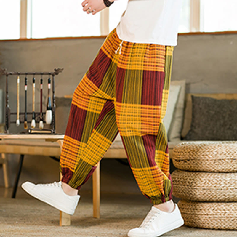 Buddha Stones Summer Checkered Stripes Cotton Linen Men's Harem Pants With Pockets - image 25