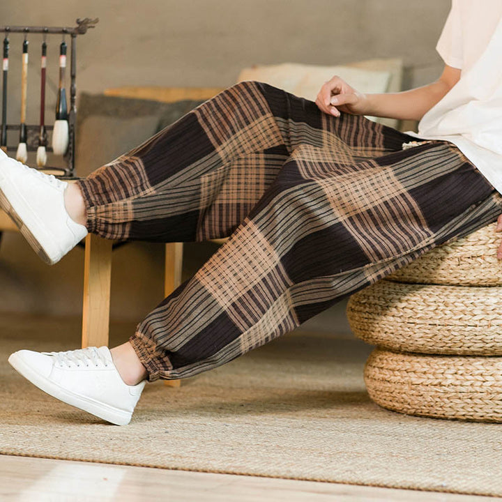 Buddha Stones Summer Checkered Stripes Cotton Linen Men's Harem Pants With Pockets - image 7