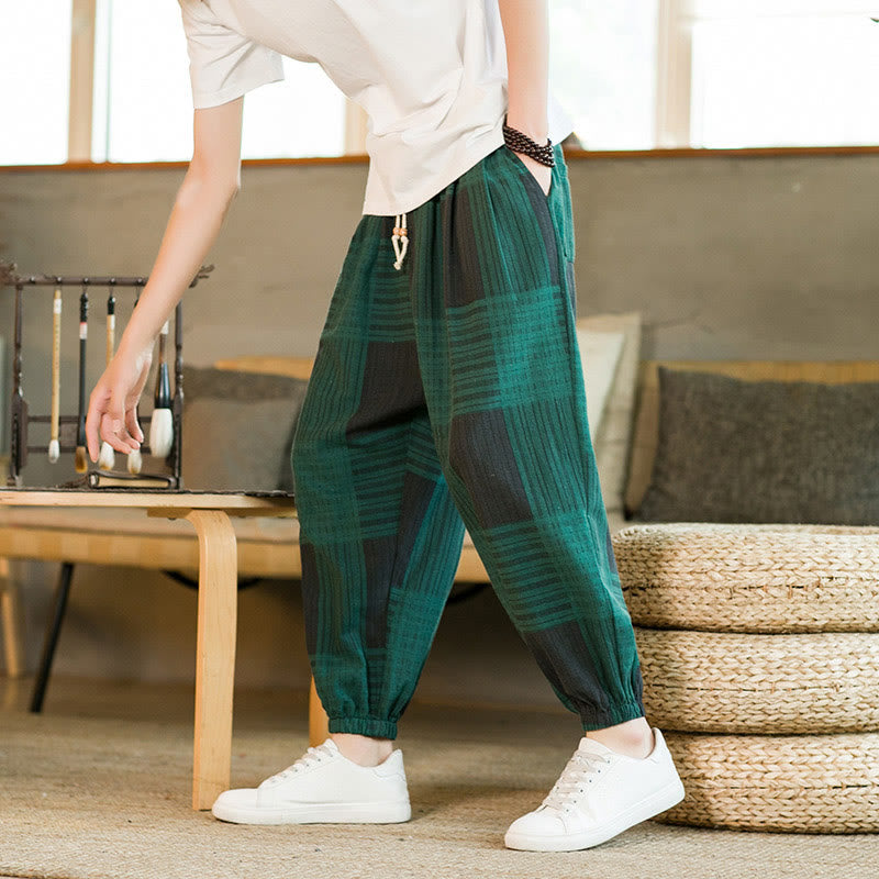 Buddha Stones Summer Checkered Stripes Cotton Linen Men's Harem Pants With Pockets - image 14