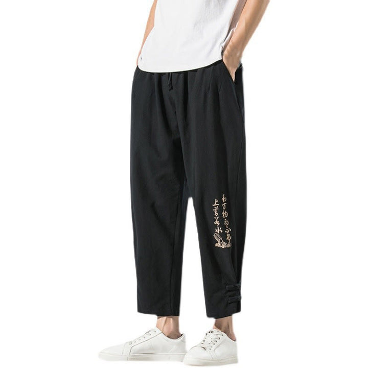 Buddha Stones Summer Chinese Characters Embroidery Men's Cotton Linen Pants With Pockets - image 20