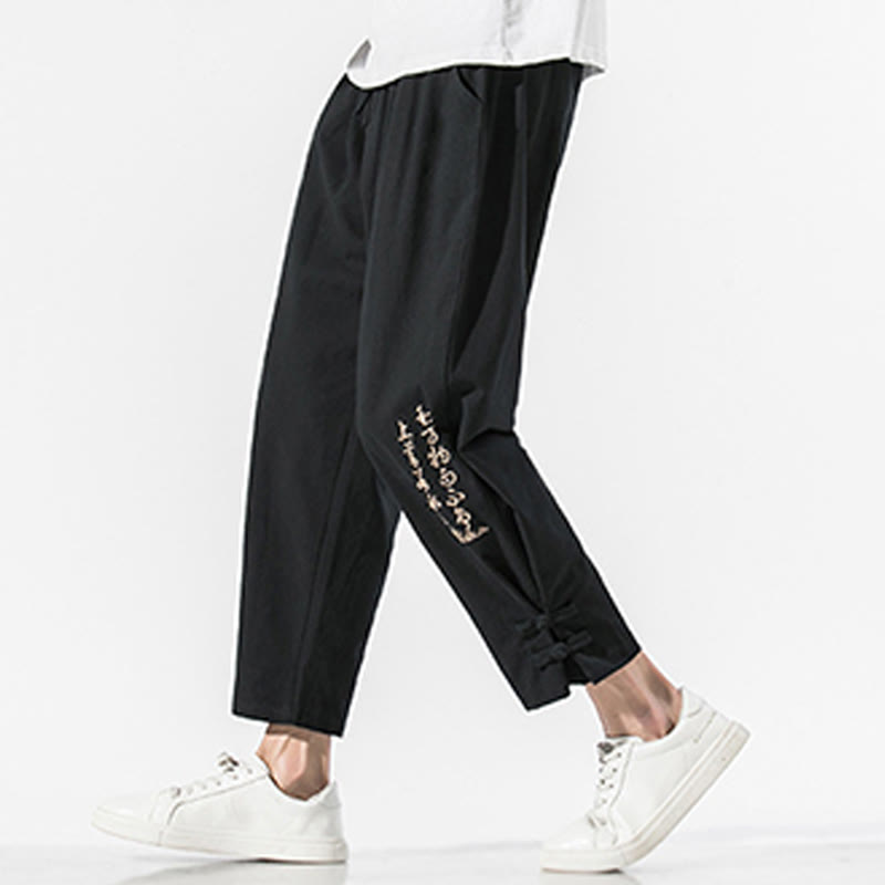 Buddha Stones Summer Chinese Characters Embroidery Men's Cotton Linen Pants With Pockets - Black - US/UK/AU46，EU56 (5XL) - image 1