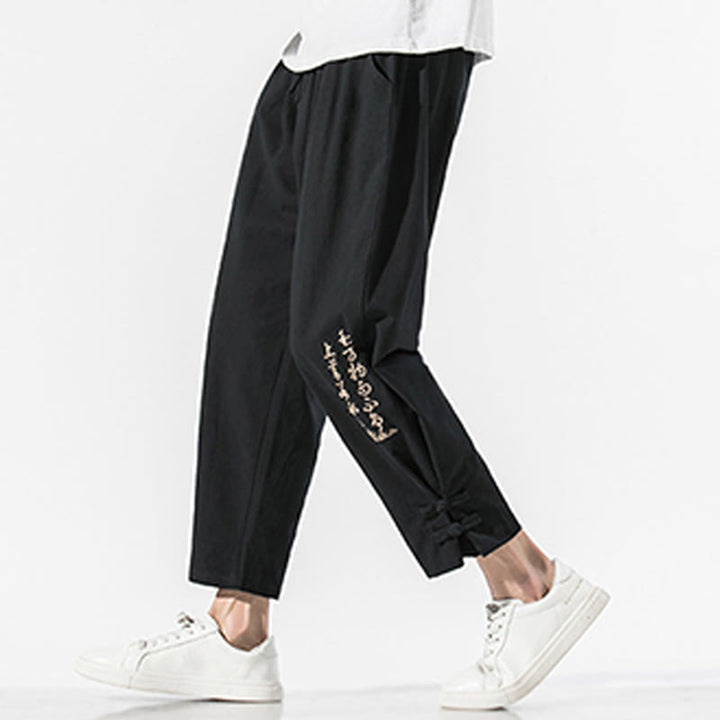 Buddha Stones Summer Chinese Characters Embroidery Men's Cotton Linen Pants With Pockets - Black - US/UK/AU46，EU56 (5XL) - image 0