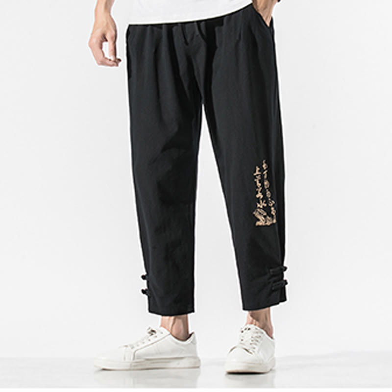 Buddha Stones Summer Chinese Characters Embroidery Men's Cotton Linen Pants With Pockets - image 5
