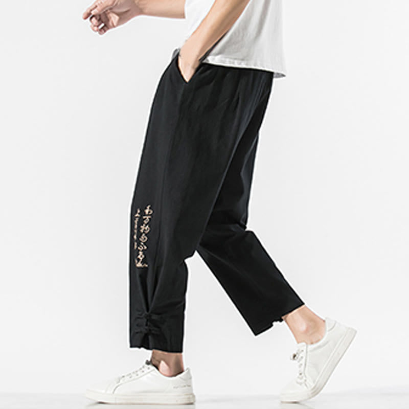 Buddha Stones Summer Chinese Characters Embroidery Men's Cotton Linen Pants With Pockets - image 6
