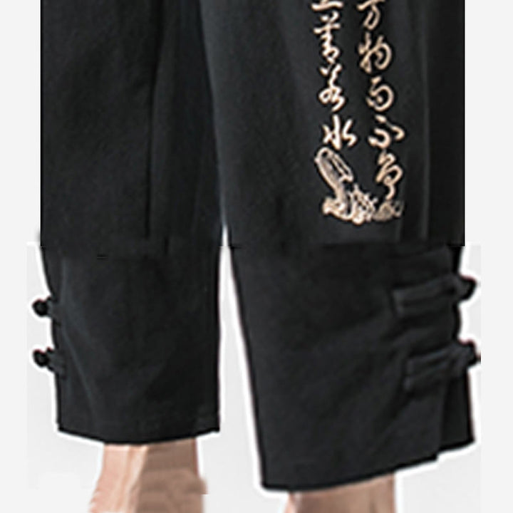 Buddha Stones Summer Chinese Characters Embroidery Men's Cotton Linen Pants With Pockets - image 7