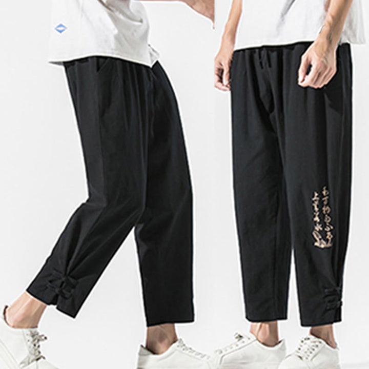 Buddha Stones Summer Chinese Characters Embroidery Men's Cotton Linen Pants With Pockets - image 9