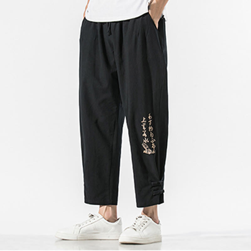 Buddha Stones Summer Chinese Characters Embroidery Men's Cotton Linen Pants With Pockets - image 2