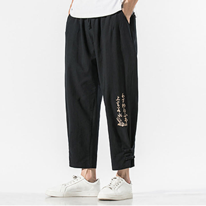 Buddha Stones Summer Chinese Characters Embroidery Men's Cotton Linen Pants With Pockets - image 2