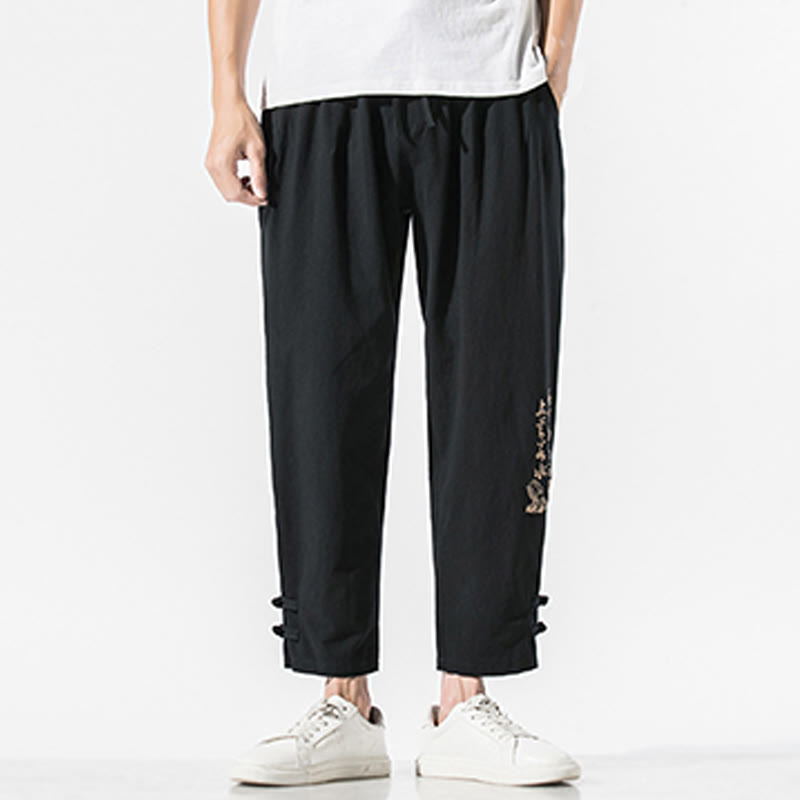 Buddha Stones Summer Chinese Characters Embroidery Men's Cotton Linen Pants With Pockets - image 3