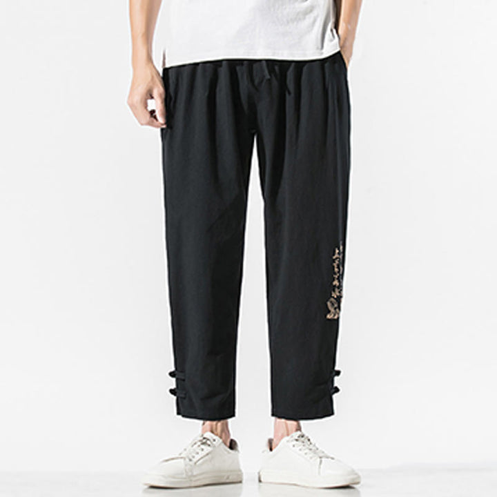 Buddha Stones Summer Chinese Characters Embroidery Men's Cotton Linen Pants With Pockets - image 4