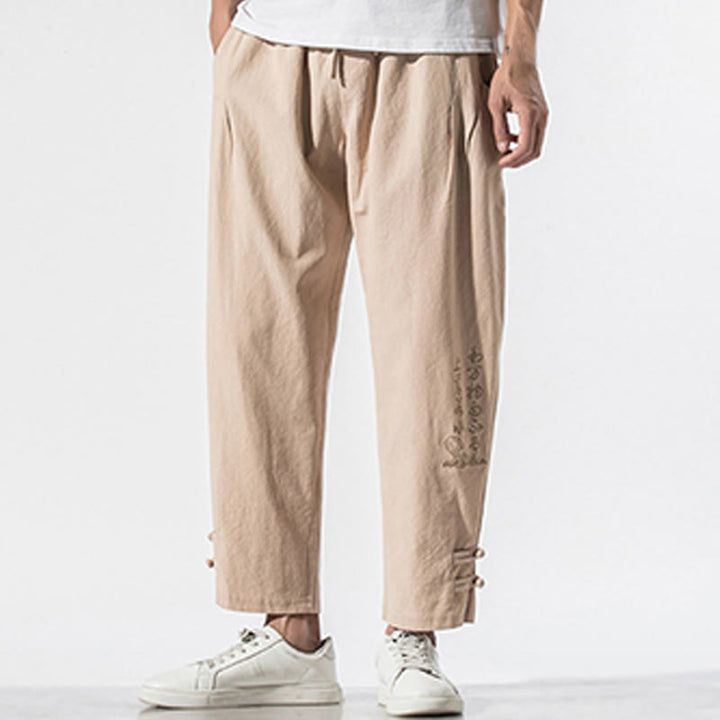Buddha Stones Summer Chinese Characters Embroidery Men's Cotton Linen Pants With Pockets - image 13