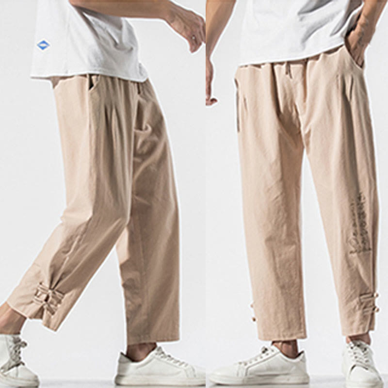 Buddha Stones Summer Chinese Characters Embroidery Men's Cotton Linen Pants With Pockets - image 18
