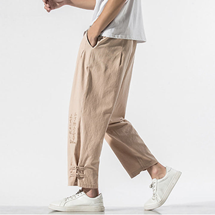 Buddha Stones Summer Chinese Characters Embroidery Men's Cotton Linen Pants With Pockets - image 11