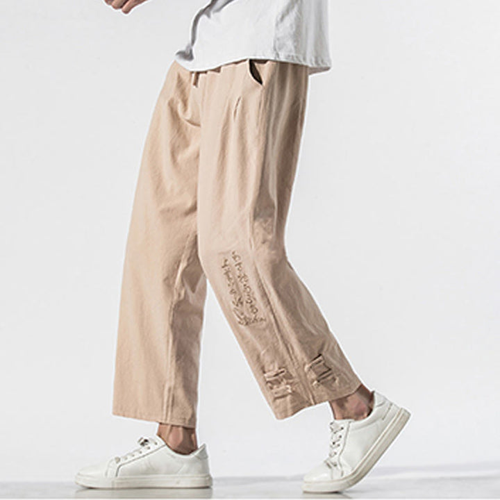 Buddha Stones Summer Chinese Characters Embroidery Men's Cotton Linen Pants With Pockets - image 11