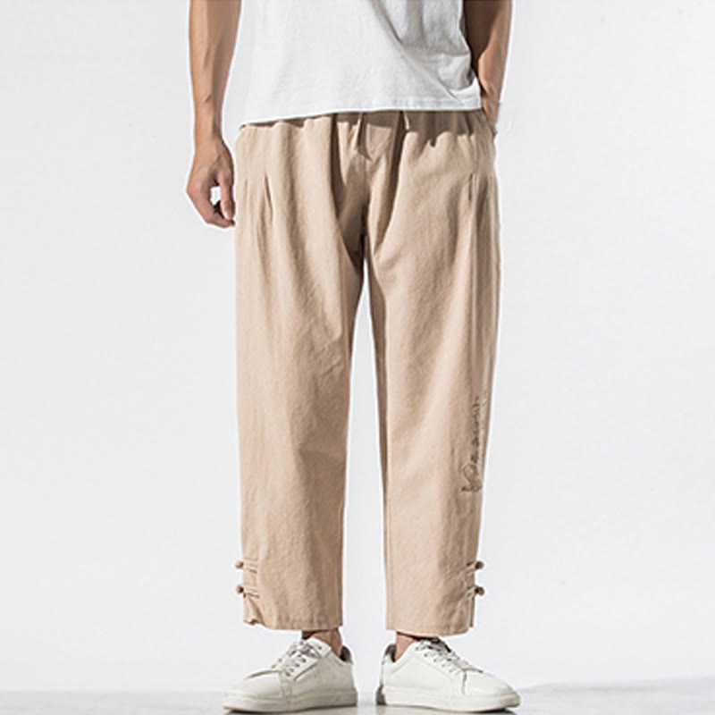 Buddha Stones Summer Chinese Characters Embroidery Men's Cotton Linen Pants With Pockets - image 14