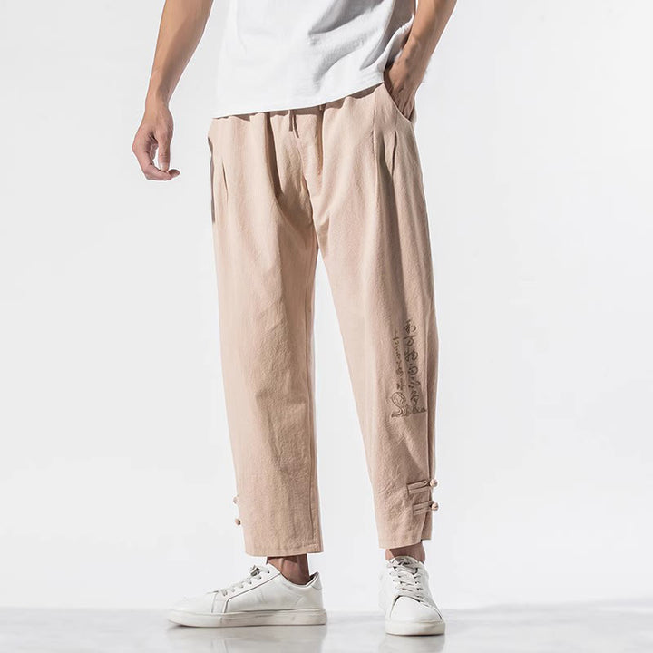 Buddha Stones Summer Chinese Characters Embroidery Men's Cotton Linen Pants With Pockets - image 17