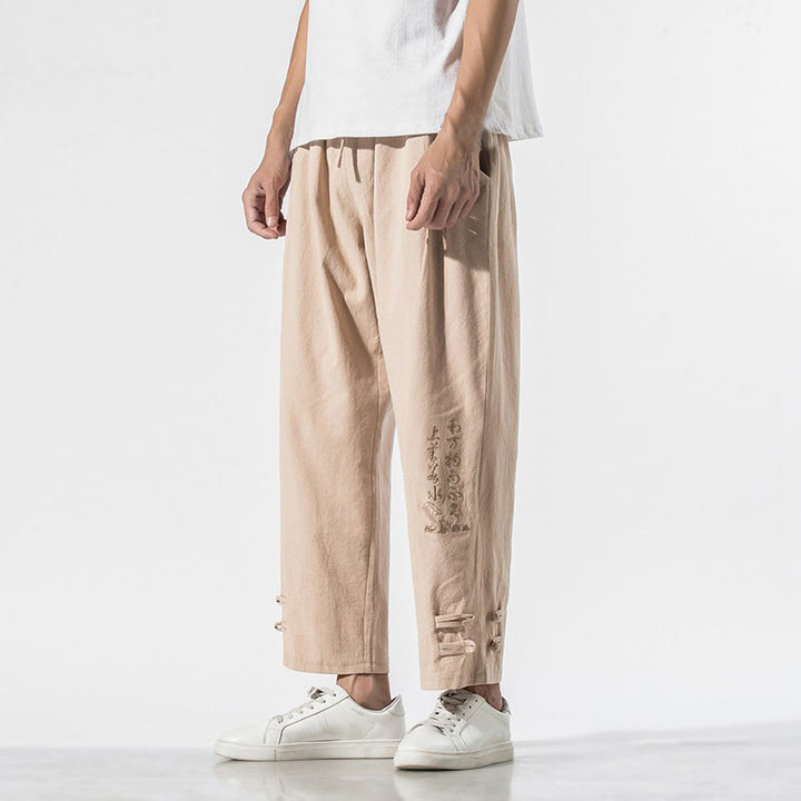 Buddha Stones Summer Chinese Characters Embroidery Men's Cotton Linen Pants With Pockets - image 19