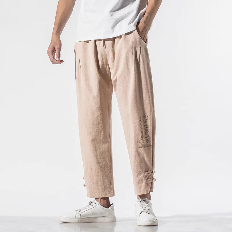 Buddha Stones Summer Chinese Characters Embroidery Men's Cotton Linen Pants With Pockets - image 16