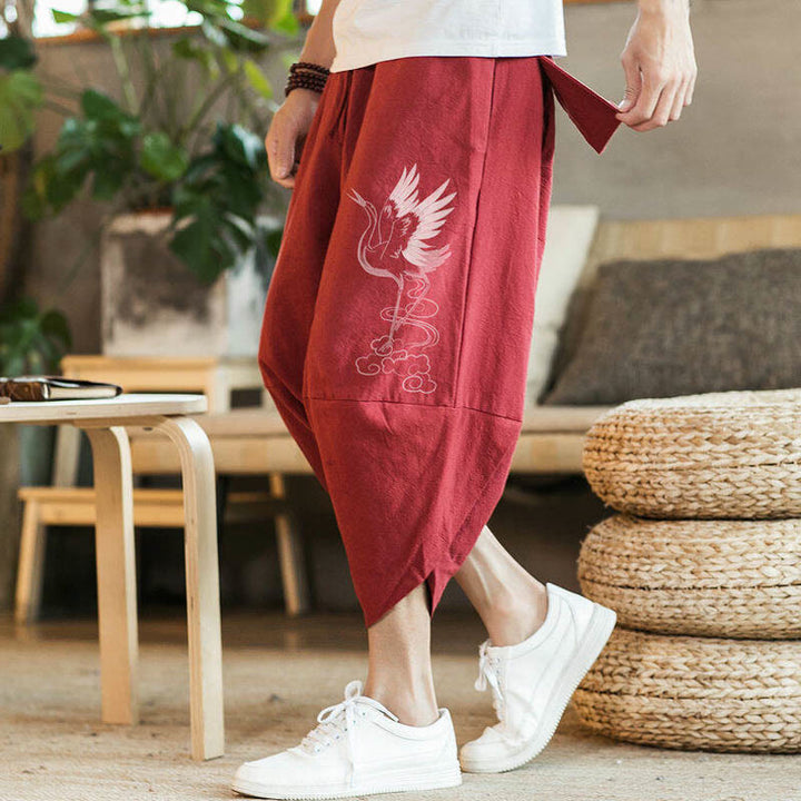 Buddha Stones White Crane Clouds Embroidery Cotton Linen Men's 7-8 Length Harem Pants With Pockets - Red - US/UK/AU46，EU56 (5XL) - image 5