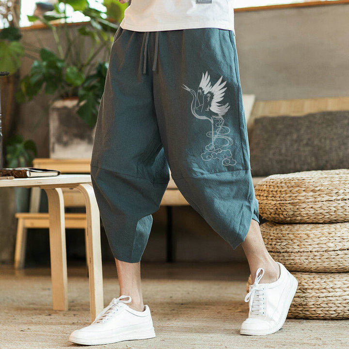 Buddha Stones White Crane Clouds Embroidery Cotton Linen Men's 7-8 Length Harem Pants With Pockets - CadetBlue - US/UK/AU46，EU56 (5XL) - image 8
