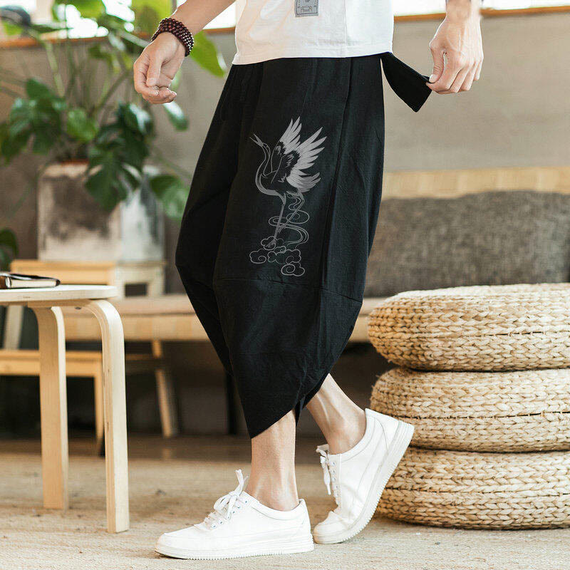 Buddha Stones White Crane Clouds Embroidery Cotton Linen Men's 7-8 Length Harem Pants With Pockets - image 2