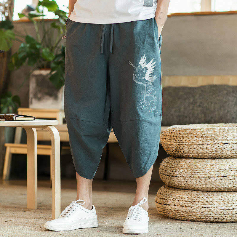 Buddha Stones White Crane Clouds Embroidery Cotton Linen Men's 7-8 Length Harem Pants With Pockets - image 9