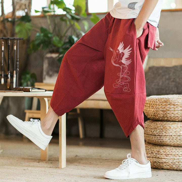 Buddha Stones White Crane Clouds Embroidery Cotton Linen Men's 7-8 Length Harem Pants With Pockets - image 7