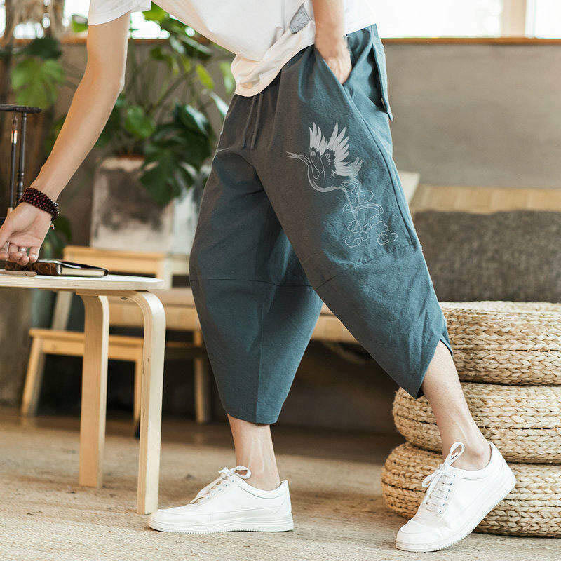 Buddha Stones White Crane Clouds Embroidery Cotton Linen Men's 7-8 Length Harem Pants With Pockets - image 11