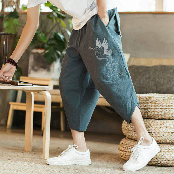 Buddha Stones White Crane Clouds Embroidery Cotton Linen Men's 7-8 Length Harem Pants With Pockets - image 11