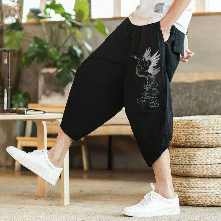 Buddha Stones White Crane Clouds Embroidery Cotton Linen Men's 7-8 Length Harem Pants With Pockets - image 4