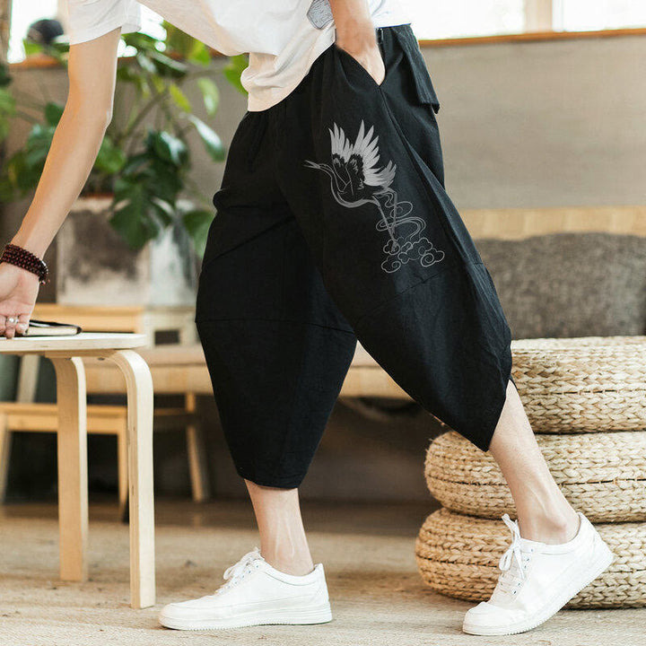 Buddha Stones White Crane Clouds Embroidery Cotton Linen Men's 7-8 Length Harem Pants With Pockets - Black - US/UK/AU46，EU56 (5XL) - image 1