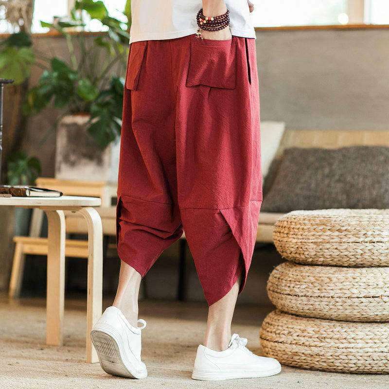 Buddha Stones White Crane Clouds Embroidery Cotton Linen Men's 7-8 Length Harem Pants With Pockets - image 6