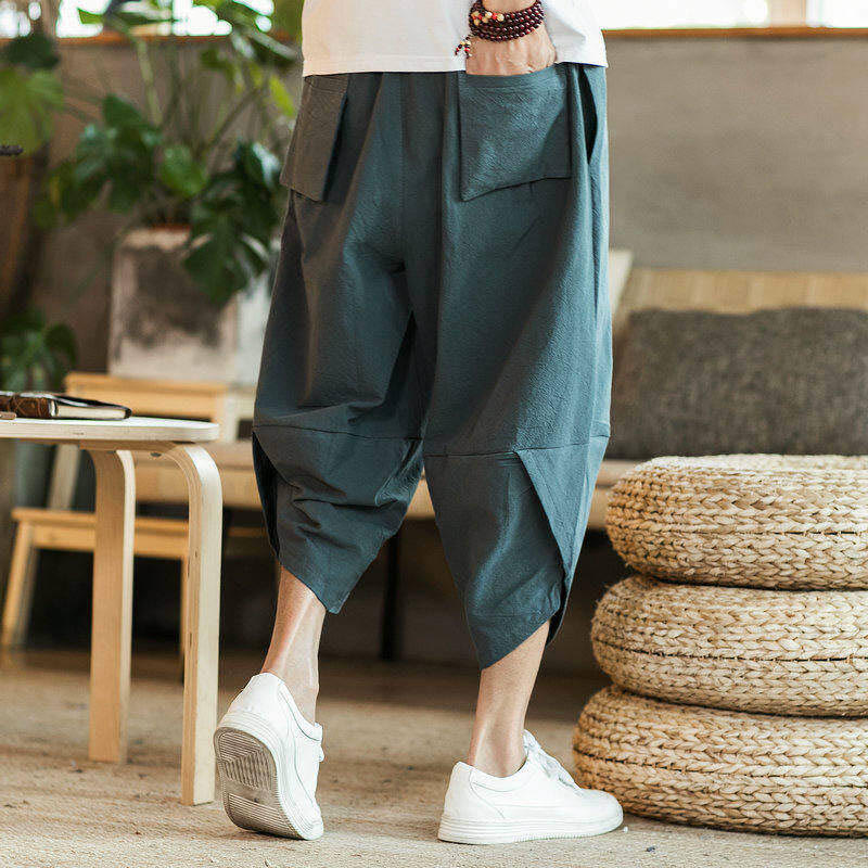 Buddha Stones White Crane Clouds Embroidery Cotton Linen Men's 7-8 Length Harem Pants With Pockets - image 10