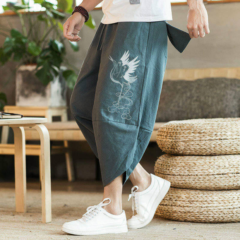 Buddha Stones White Crane Clouds Embroidery Cotton Linen Men's 7-8 Length Harem Pants With Pockets - image 12