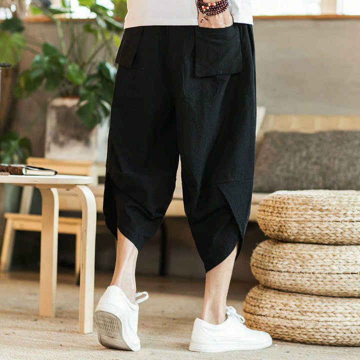 Buddha Stones White Crane Clouds Embroidery Cotton Linen Men's 7-8 Length Harem Pants With Pockets - image 3
