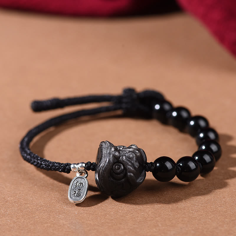 Buddha Stones Black Obsidian Silver Sheen Obsidian Cute Cat Dancing Lion Strength Bracelet - Dancing Lion(Wrist Circumference 14-16cm) - image 7