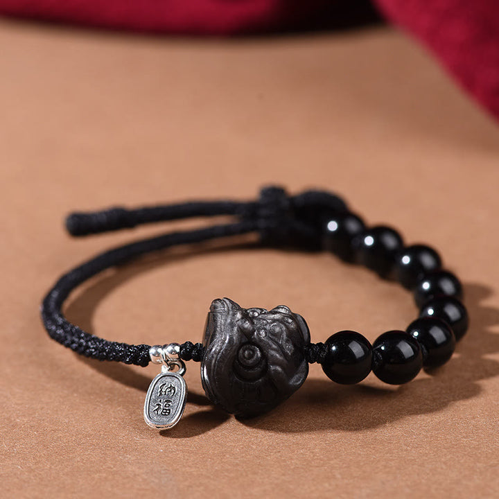 Buddha Stones Black Obsidian Silver Sheen Obsidian Cute Cat Dancing Lion Strength Bracelet - Dancing Lion(Wrist Circumference 14-16cm) - image 7