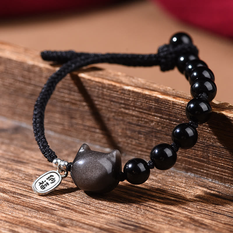 Buddha Stones Black Obsidian Silver Sheen Obsidian Cute Cat Dancing Lion Strength Bracelet - image 2