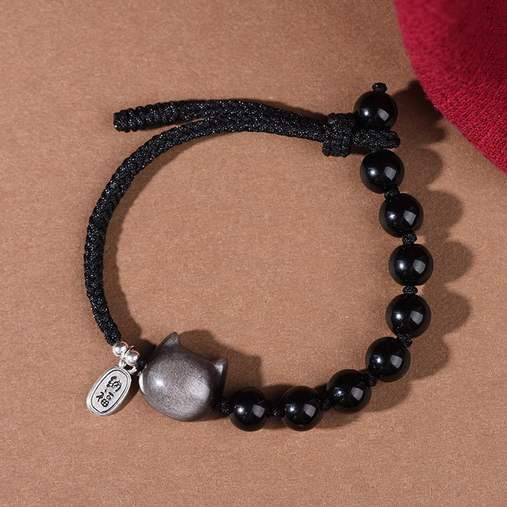 Buddha Stones Black Obsidian Silver Sheen Obsidian Cute Cat Dancing Lion Strength Bracelet - image 3