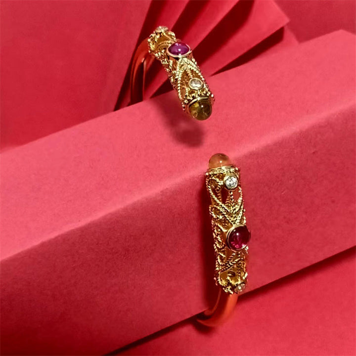 FREE Today: Luck and Healing Golden Flower Pattern Red Zircon Amber Copper Cuff Bracelet Bangle