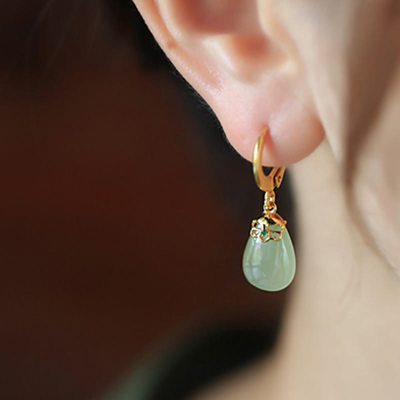 Buddha Stones Green Chalcedony Water Drop Strength Copper Posts Earrings - image 18