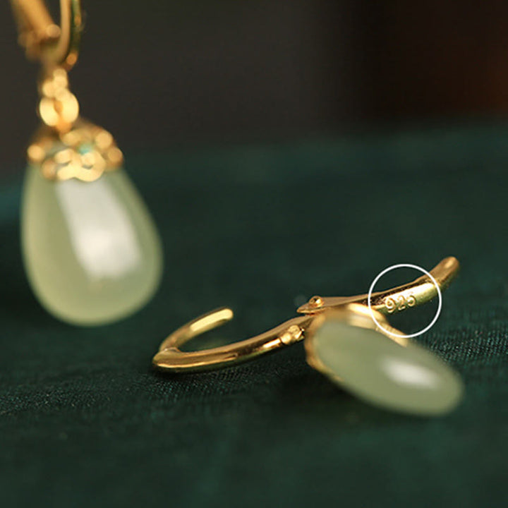 Buddha Stones Green Chalcedony Water Drop Strength Copper Posts Earrings - image 12