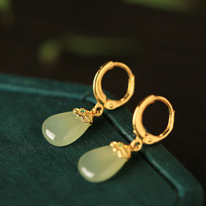 Buddha Stones Green Chalcedony Water Drop Strength Copper Posts Earrings - image 10