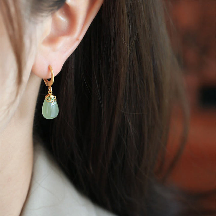 Buddha Stones Green Chalcedony Water Drop Strength Copper Posts Earrings - image 19