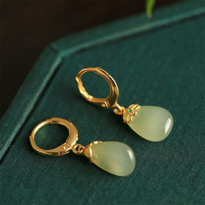 Buddha Stones Green Chalcedony Water Drop Strength Copper Posts Earrings - image 15