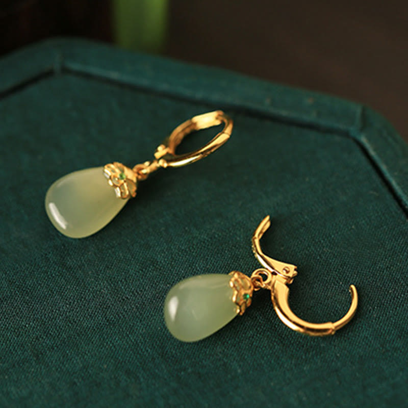 Buddha Stones Green Chalcedony Water Drop Strength Copper Posts Earrings - image 9