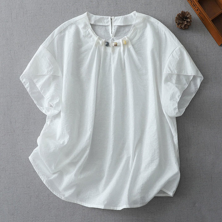 Buddha Stones Beads Crew Neck Design Cotton Short Sleeve Women's Shirt - White - US12，UK/AU16，EU44 (2XL) - image 6