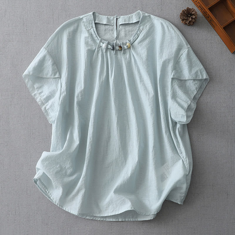 Buddha Stones Beads Crew Neck Design Cotton Short Sleeve Women's Shirt - LightBlue - US12，UK/AU16，EU44 (2XL) - image 1