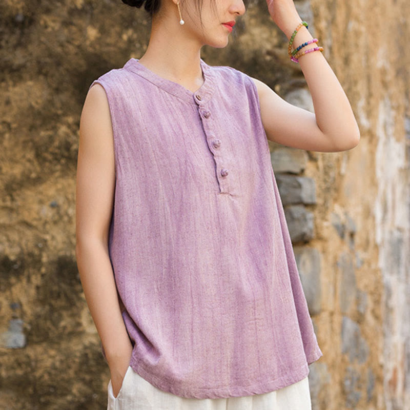 Buddha Stones Summer Tie-dye Buttons Linen Sleeveless Women's Vest - Plum - US4-6，UK/AU8-10，EU36-38 (F) - image 10